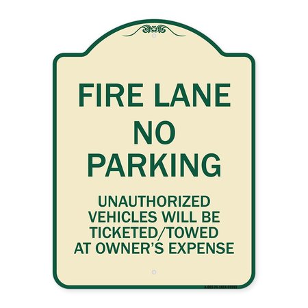 SIGNMISSION Fire Lane No Parking Unauthorized Vehicles Will Be Ticketed Towed at Owners Expense, TG-1824-23993 A-DES-TG-1824-23993